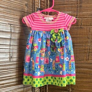 Bonnie Baby Pink and Blue Bird Patterned Short Sleeve Dress, Size 6-9 months